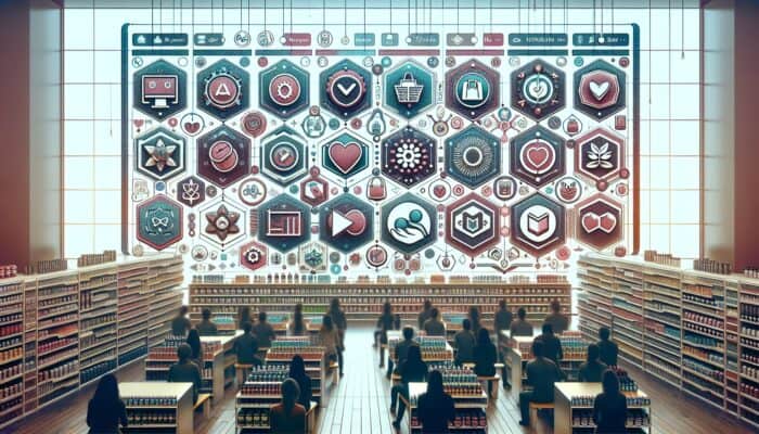 A vibrant loyalty program interface with rewards like discounts and badges in a bustling supplement store.