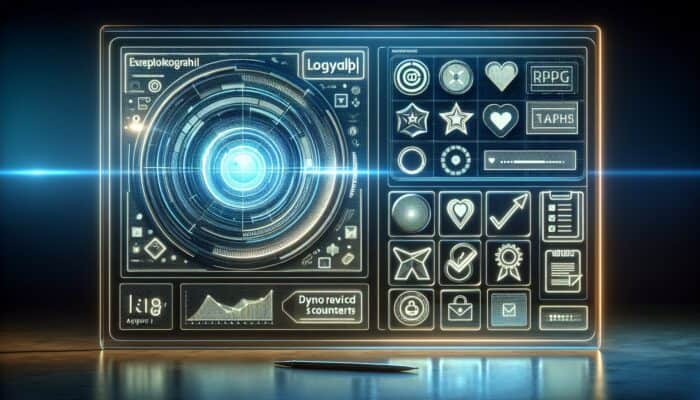 A futuristic loyalty program interface with holographic badges and dynamic rewards on a modern, neon-lit backdrop.