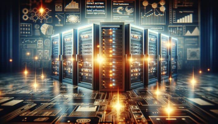 Futuristic server room with glowing bare-metal servers, symbolizing enhanced performance in trading and streaming.