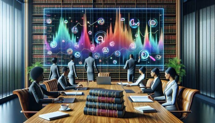 Best Practices for Local SEO for Law Firms: A modern law firm office with professionals analyzing SEO data on a large digital screen showing keyword search volumes.