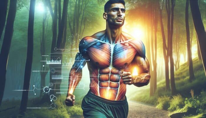 A determined athlete with chiseled muscles jogging at dawn through a lush forest, symbolizing BCAA benefits for endurance and vitality.