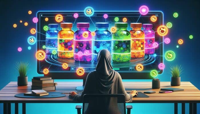 A user at a computer views targeted ads for colorful supplement bottles, with glowing cookie icons tracing their path in a digital scene.