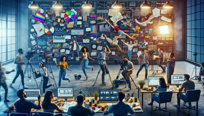 Creating Vimeo Videos for Professional Branding: A dynamic montage of video production: team brainstorming with storyboards in an office on the left, filming crew on location in the center, and editors refining footage on the right.