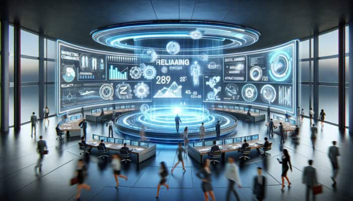 A futuristic command center with holographic screens displaying real-time data analysis, as marketers adapt strategies amid digital streams.