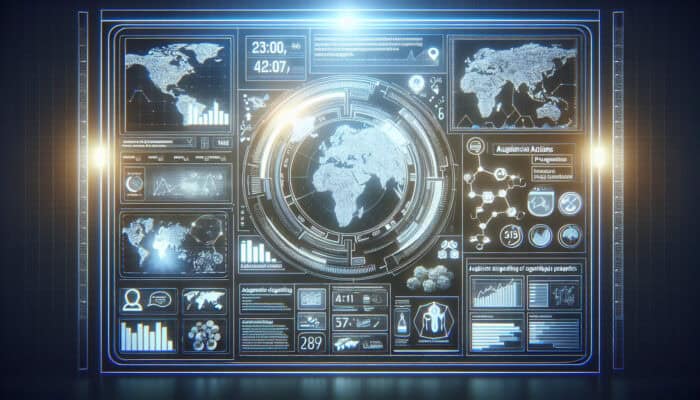 A futuristic Amazon DSP dashboard displaying real-time bidding auctions, audience targeting maps, and analytics for supplements ads.