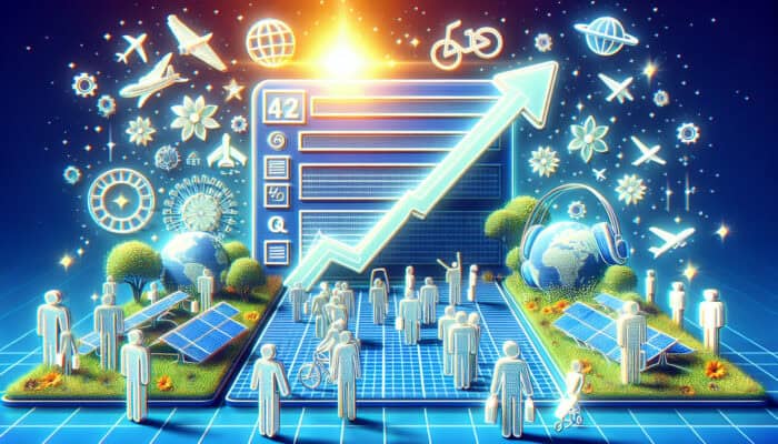 Search engine results page showing a top-ranked sustainable travel blog with eco-friendly icons, rising traffic graphs, and engaged users.