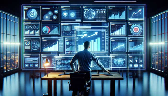 Analyst reviews YouTube Analytics on multi-screens with rising view graphs and play rate charts in a blue-lit office.