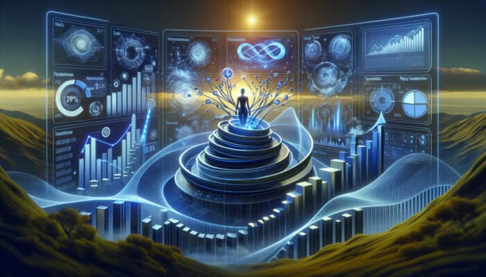 A futuristic digital dashboard shows AI analyzing swirling data streams, generating personalized content, and displaying rising SEO graphs in a glowing virtual landscape.