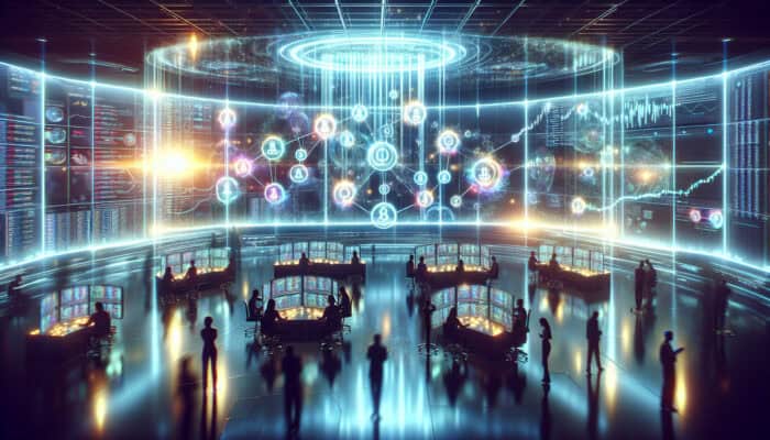 Futuristic digital command center with experts analyzing glowing blockchain chains for ad tracking, screens showing scalable networks and holographic transparency displays.