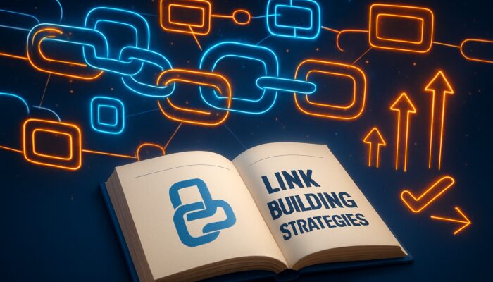 Glowing chains linking website icons around an open "Link Building Strategies" book with SEO arrows and tips.