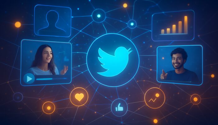 Bluesky interface with viral videos, engagement metrics, and marketing trends in a vibrant network.