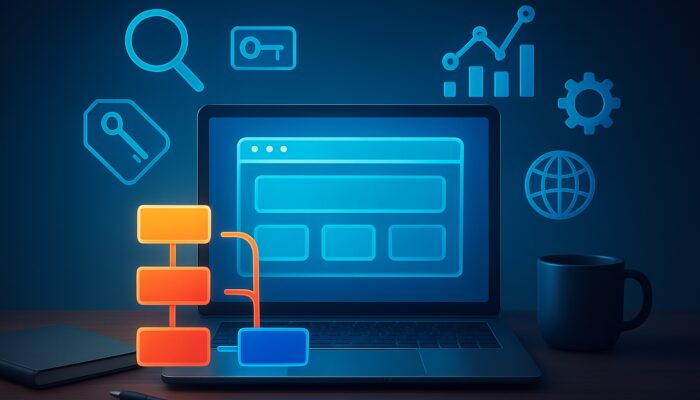 Digital workspace showing SEO content hub with floating icons and vibrant flowchart.