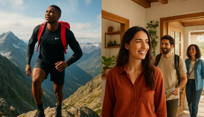 Diverse people in aspirational scenes: Nike athlete conquering peaks, travelers exploring Airbnb homes.