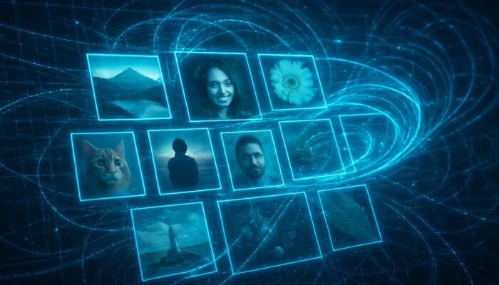 Glowing grid of diverse images analyzed by swirling algorithms for enhanced visual search.