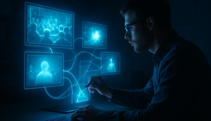 Researcher examines glowing holographic conference archives and backlinks in dim strategic workspace.