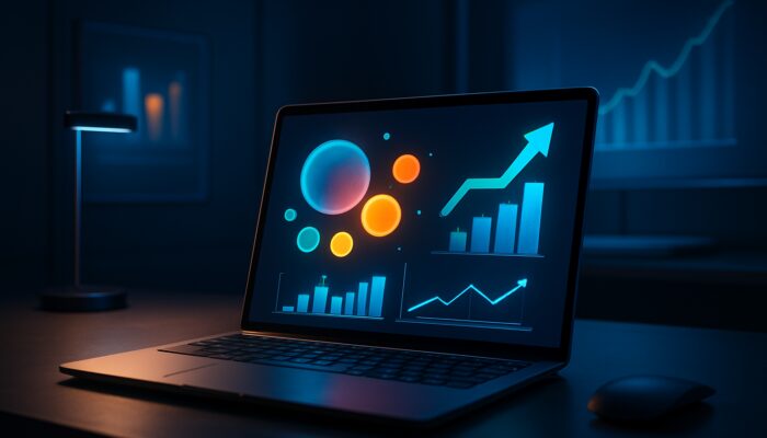 Futuristic laptop showing Google Keyword Planner with SEO charts, arrows, and keyword bubbles.