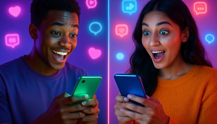 Split-screen TikTok duet on glowing smartphones with diverse creators, neon colors, and floating social icons.
