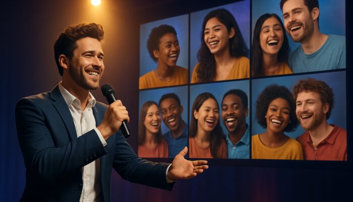 Charismatic host spotlighting vibrant audience duets on glowing stage with joyful diverse participants