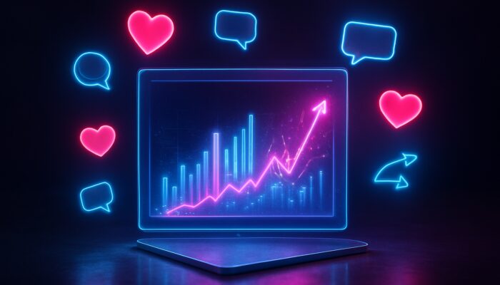 Surreal holographic dashboard with orbiting hearts, speech bubbles, and neon engagement charts for marketers.