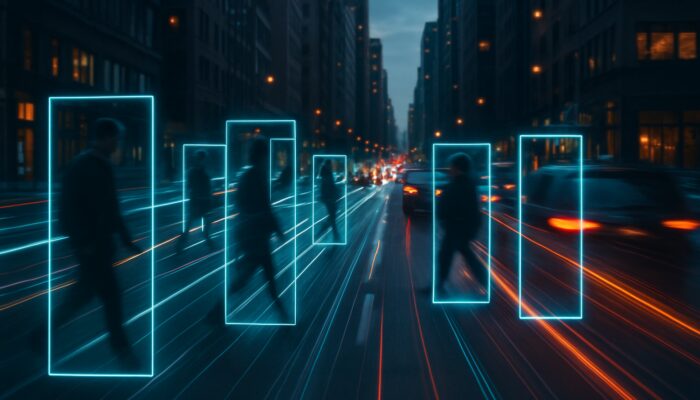 Real-time video analytics overlay on urban street with object detection bounding boxes and motion trails.