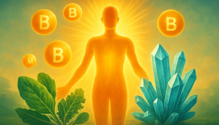 Vibrant illustration of glowing human figure energized by B-vitamin orbs, magnesium crystals, and greens.