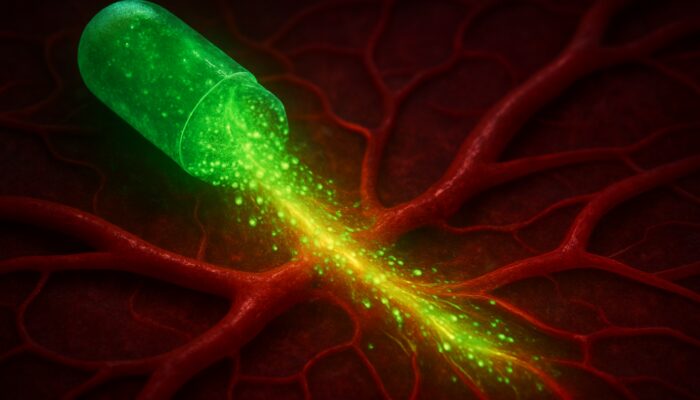 Glowing green energy capsule dissolving with nutrients flowing into red bloodstream veins for optimal bioavailability.
