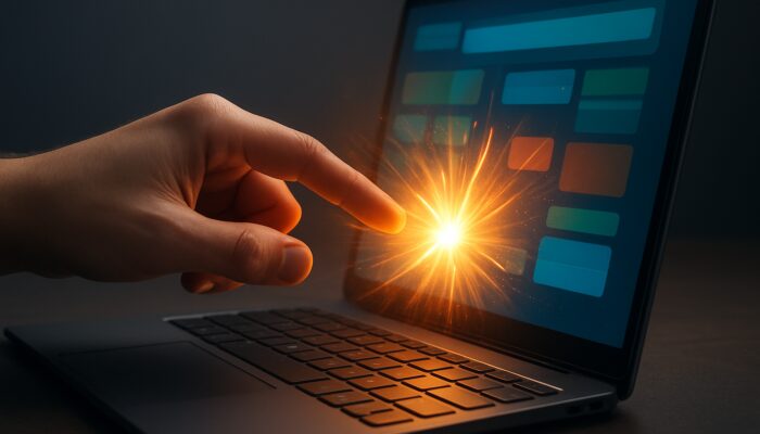 Hand tapping laptop screen with glowing UI feedback burst for instant responsiveness.