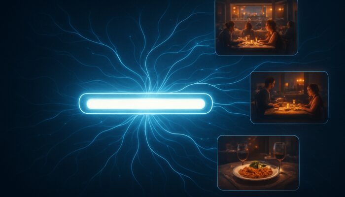 Glowing neural interface morphing "best Italian restaurants" query into connected personalized dining scenes via luminous threads.
