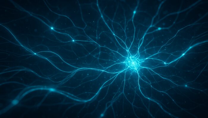 Luminous neural web pulsing with semantic search queries and glowing data nodes in digital cosmos