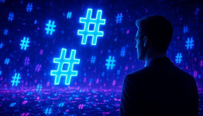 Cyberpunk strategist examines unique glowing hashtags rising above oversaturated ones in neon digital realm