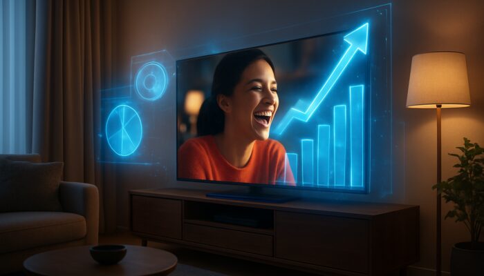 Sleek smart TV beaming video ads amid floating holographic charts in cozy living room for CTV optimization