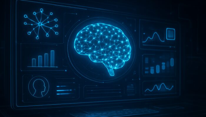 Futuristic cyber-blue AI dashboard with glowing neural networks automating real-time ad bids and conversion data.