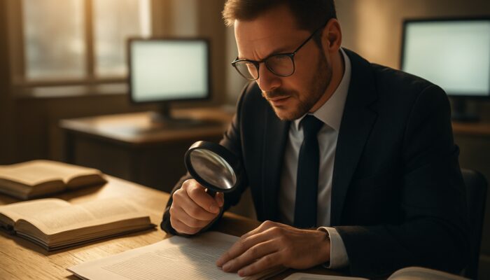 Journalist verifies facts with magnifying glass over documents in sunlit office with books and screens