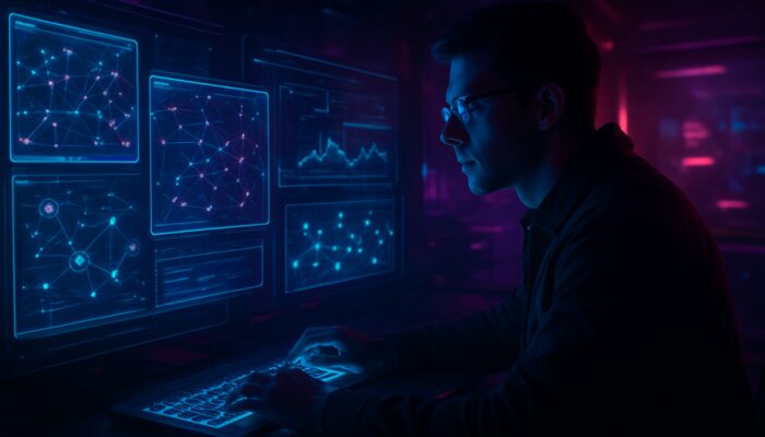Cyberpunk SEO analyst examining holographic competitor keywords, graphs, and backlinks with Ahrefs Moz tools