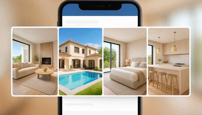 Smartphone screen showing Facebook carousel ad with luxurious property photos and bold ad copy overlays.
