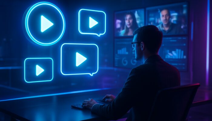Futuristic neon workspace with strategist analyzing viral video clips, analytics, and orbiting platform icons for marketers.