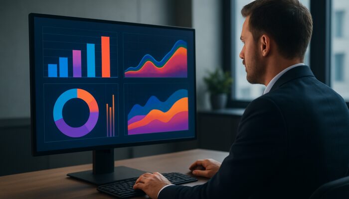 Marketer reviewing vibrant video analytics dashboard with colorful graphs of views, engagement rates, and demographics.