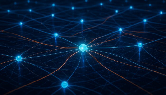Cyberpunk visualization of luminous threads distributing energy across balanced nodes in a digital network