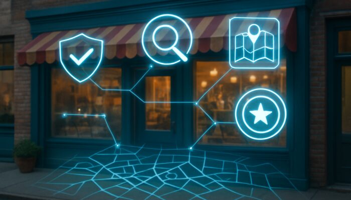 Vibrant local shopfront with glowing search icons and trust badges linked to community map for local SEO.