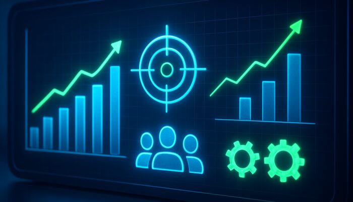 Sleek digital dashboard with programmatic ads, targeting icons, and surging ROI graphs in neon blue and green.