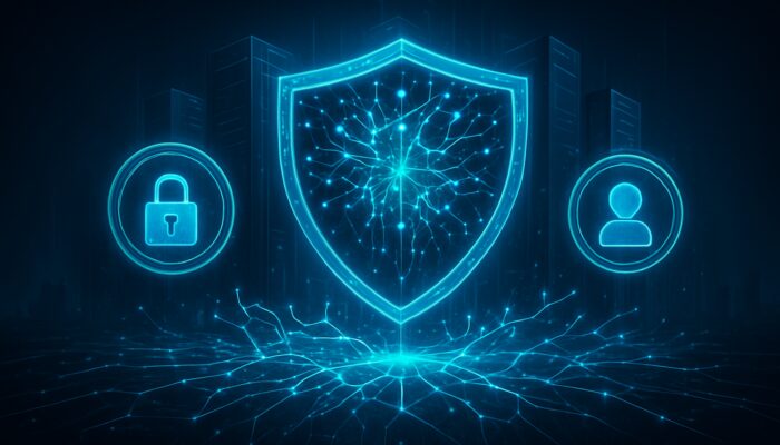 Cyberpunk digital fortress with glowing AI networks shielding consumer data icons under GDPR and CCPA symbols