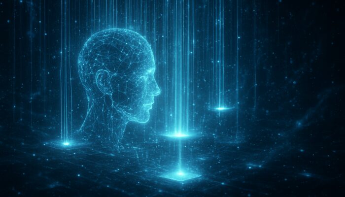 Futuristic AI scanning holographic data streams to reveal content gaps in digital archives