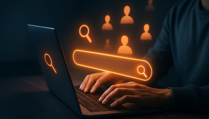 Creator typing SEO keywords into glowing video description on laptop with search icons and silhouettes.