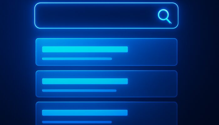 Search results page displaying full short titles beside truncated long ones with ellipses in electric blue UI
