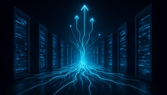 Futuristic glowing server racks expanding like neural network in cyberpunk data center for scalable VPS hosting