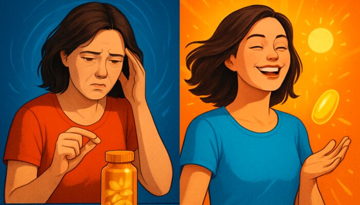 Split-screen before-and-after illustration of joyful person glowing with supplement-fueled health in bold brand colors.